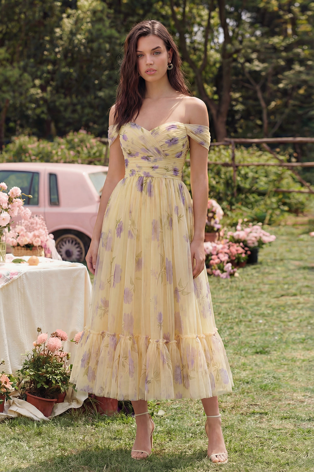 Wedtrend Women Off the Shoulder Midi Wedding Guest Dress Yellow Floral A Line Ruched Tea Party Dress, Yellow Flower / US16
