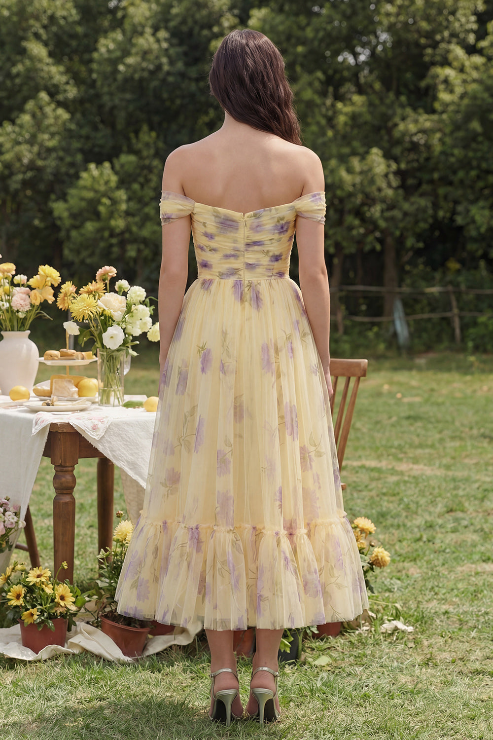 Wedtrend Women Off the Shoulder Midi Wedding Guest Dress Yellow Floral A Line Ruched Tea Party Dress, Yellow Flower / US16