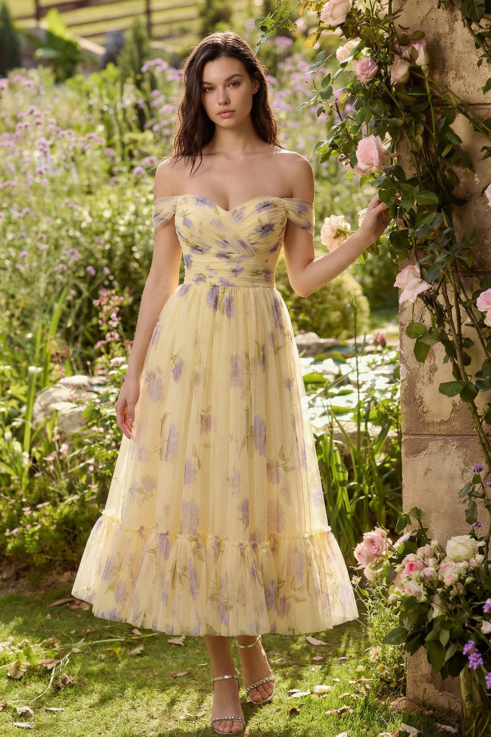 Wedtrend Women Off the Shoulder Midi Wedding Guest Dress Yellow Floral A Line Ruched Tea Party Dress, Yellow Flower / US16