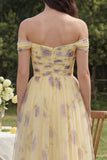 Off the Shoulder Yellow Floral A Line Midi Wedding Guest Dress