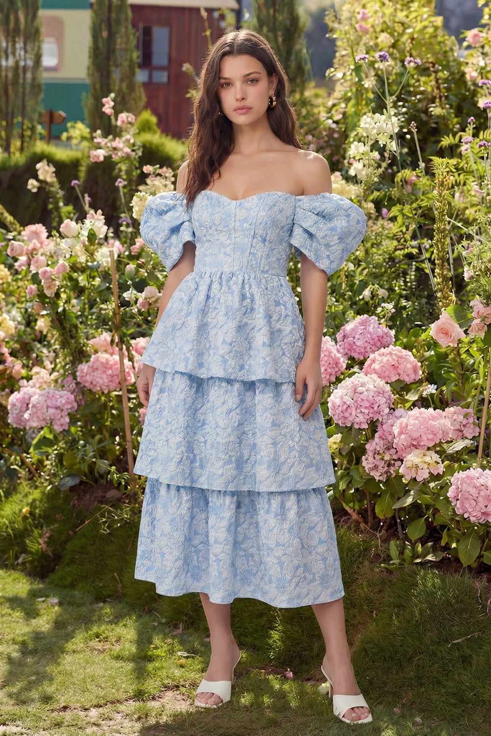 Wedtrend Women Blue Floral Spring Wedding Guest Dress Off the Shoulder A Line Tiered Jacquard Midi Dress with Puff Sleeves WEDTREND Wedtrend Women Blue Floral Spring Wedding Guest Dress Off the Shoulder A Line Tiered Jacquard Midi Dress with Puff Sleeves WEDTREND