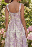 Purple Floral A Line Brocade Corset Spring Wedding Guest Dress