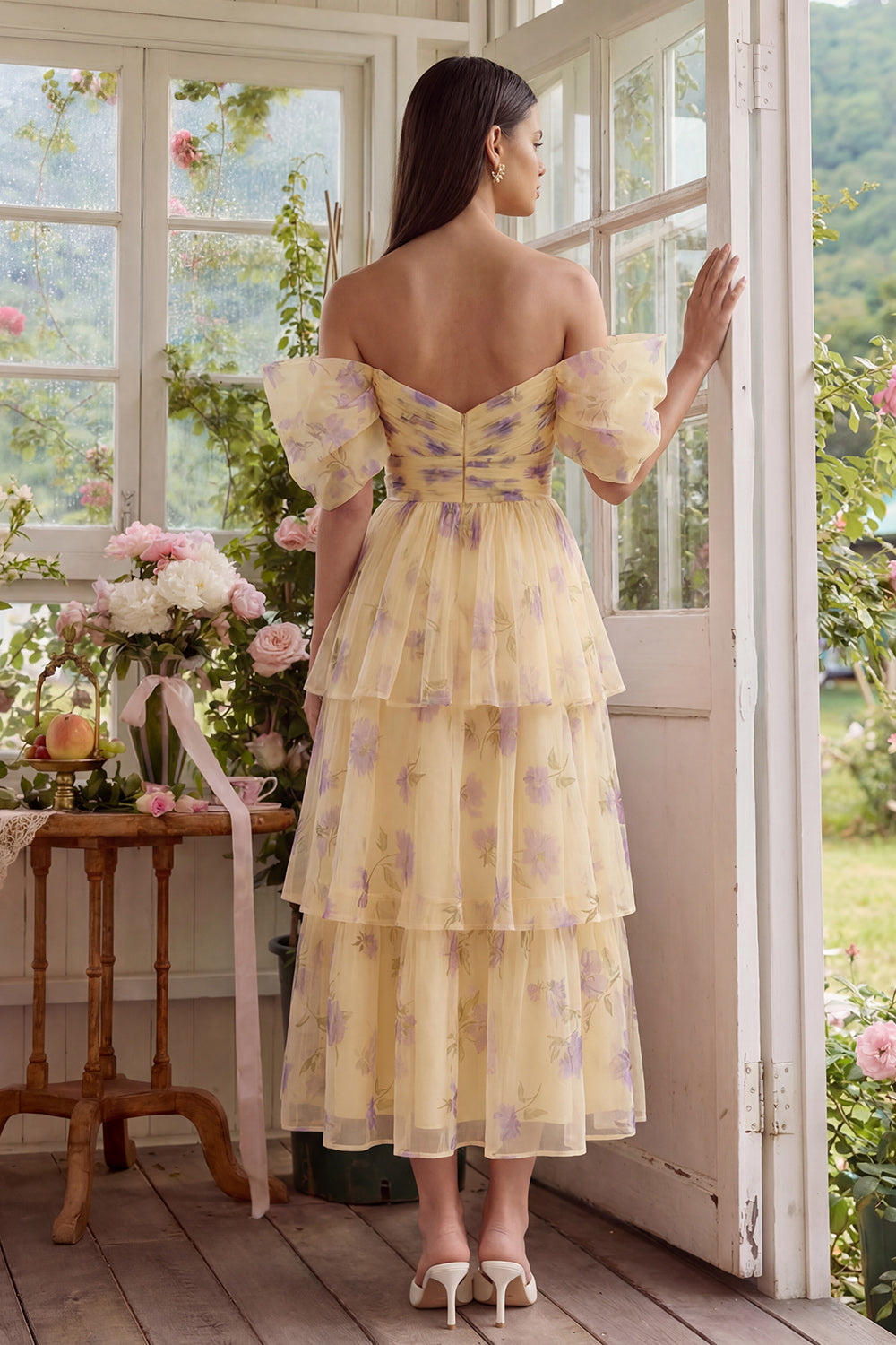 Wedtrend Women Off the Shoulder Midi Wedding Guest Dress Yellow Floral A Line Tiered Ruched Spring Dress WEDTREND Wedtrend Women Off the Shoulder Midi Wedding Guest Dress Yellow Floral A Line Tiered Ruched Spring Dress WEDTREND