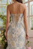 Strapless Dusty Blue Brocade Mermaid Wedding Guest Dress