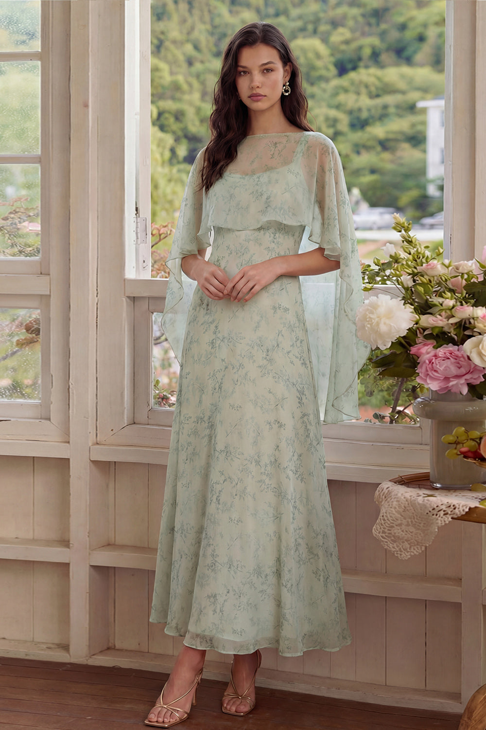 Wedtrend Women Dusty Sage Floral Wedding Guest Dress with Cape Chiffon A Line 2 Piece Spring Maxi Dress, Dusty Sage / US24W