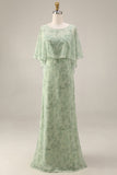 Dusty Sage Floral 2 Piece Chiffon A Line Wedding Guest Dress with Cape