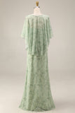 Dusty Sage Floral 2 Piece Chiffon A Line Wedding Guest Dress with Cape