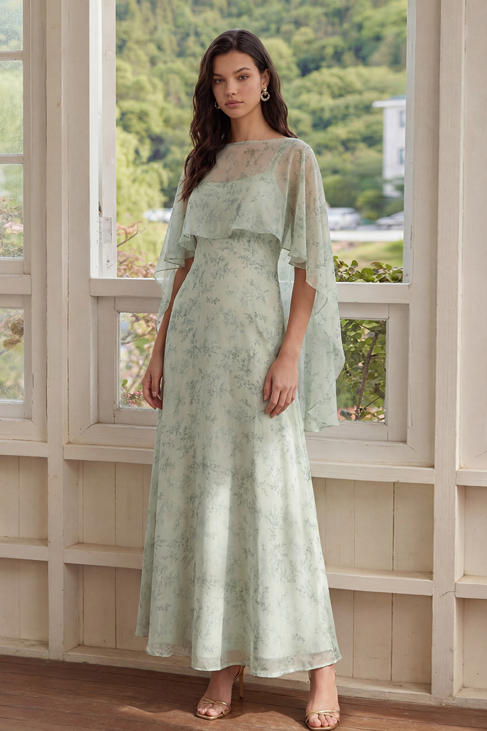 Wedtrend Women Dusty Sage Floral Wedding Guest Dress with Cape Chiffon A Line 2 Piece Spring Maxi Dress, Dusty Sage / US24W