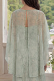 Dusty Sage Floral 2 Piece Chiffon A Line Wedding Guest Dress with Cape