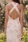 Halter Mermaid White Pink Floral Maxi Wedding Guest Dress
