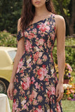 Pink Floral A Line Asymmetrical Neck Maxi Wedding Guest Dress