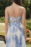 Blue Floral A Line Corset Midi Wedding Guest Dress