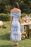 Off the Shoulder Ruched Blue Floral A Line Wedding Guest Dress with Slit