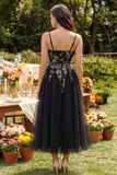 Black Embroidered Tulle A Line Midi Wedding Guest Dress