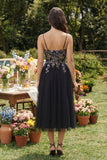Black Embroidered Tulle A Line Midi Wedding Guest Dress