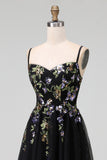 Black Embroidered Tulle A Line Midi Wedding Guest Dress