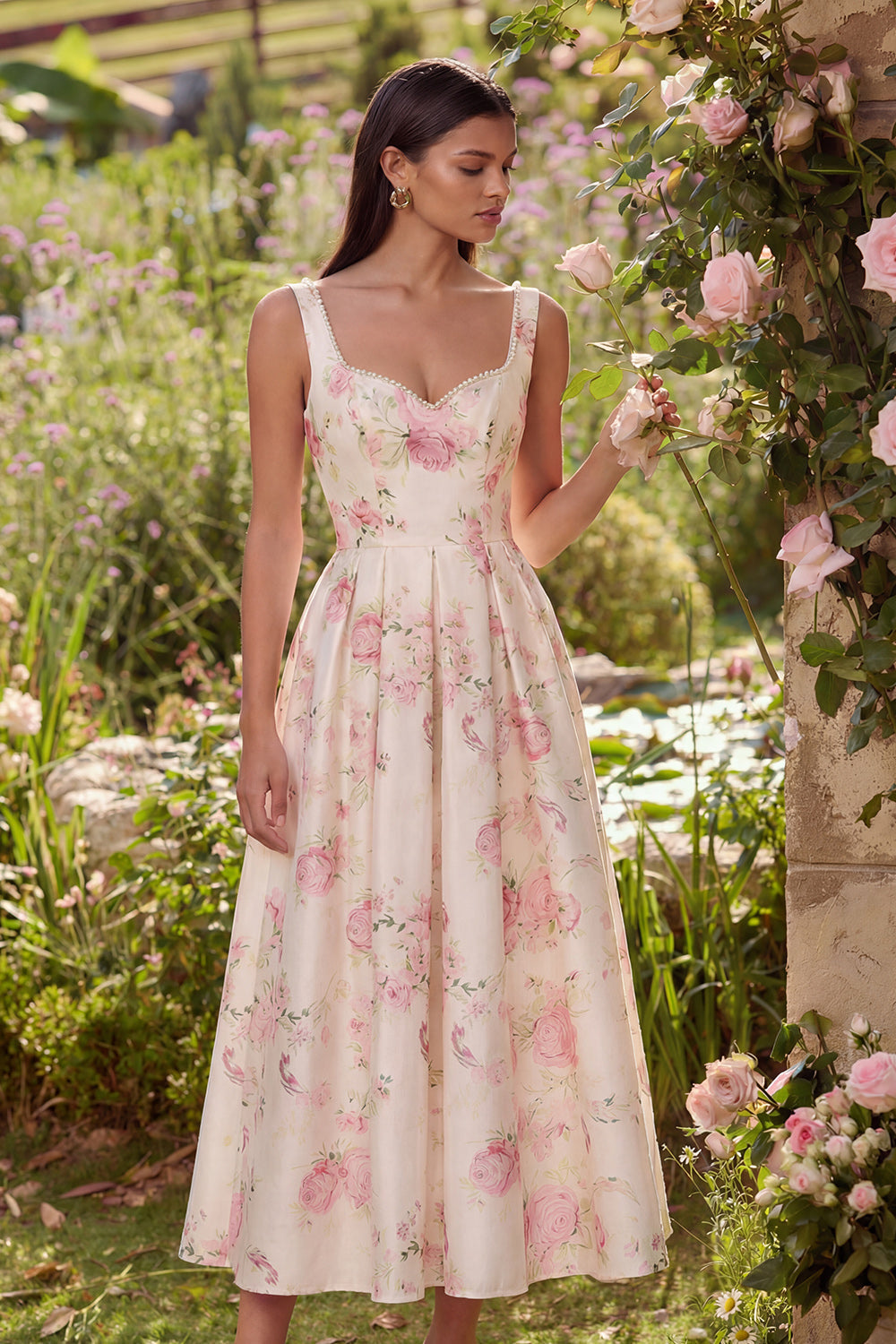 Wedtrend Women Pink Floral Print Wedding Guest Dress A Line Bowed Midi Garden Party Dress with Pearls, White Pink Flower / US26W