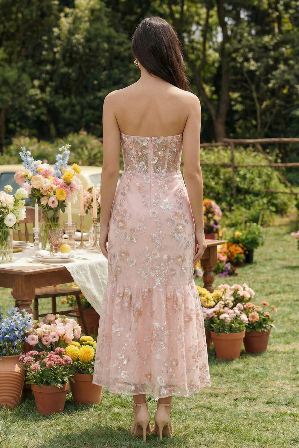Wedtrend Women Strapless Wedding Guest Dress Pink Floral Appliqued Corset Sequin Party Dress, Pink / US26W