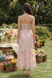 Strapless Pink Floral Appliqued Corset Wedding Guest Dress