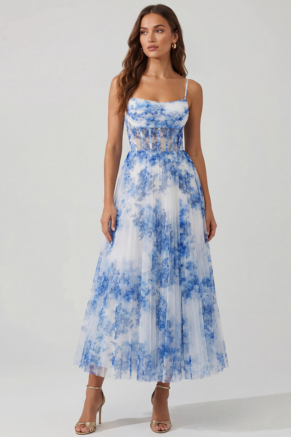 Wedtrend Women Blue Floral Wedding Guest Dress Corset Pleated A Line Midi Party Dress, White Blue Flower / US22W