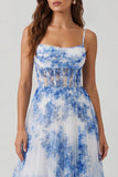 Blue Floral Pleated Corset A Line Wedding Guest Dress
