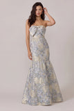 Strapless Mermaid Dusty Blue Brocade Wedding Guest Dress with Bow