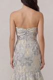 Strapless Mermaid Dusty Blue Brocade Wedding Guest Dress with Bow
