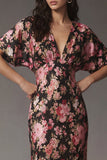 Pink Floral V Neck Wedding Guest Dress with Flutter Sleeves