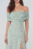 Off the Shoulder Floral Dusty Sage Midi Wedding Guest Dress with Slit