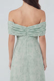 Off the Shoulder Floral Dusty Sage Midi Wedding Guest Dress with Slit