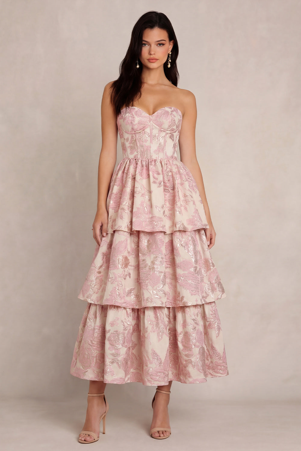 pink floral brocade strapless a line midi dress Pink Floral Brocade Strapless A Line Midi Dress