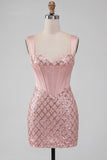 Pink Corset Thick Straps Bodycon Sequin Homecoming Dress