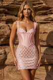 Pink Corset Thick Straps Bodycon Sequin Homecoming Dress