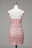 Pink Corset Thick Straps Bodycon Sequin Homecoming Dress