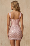 Pink Corset Thick Straps Bodycon Sequin Homecoming Dress