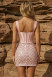 Pink Corset Thick Straps Bodycon Sequin Homecoming Dress