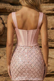 Pink Corset Thick Straps Bodycon Sequin Homecoming Dress