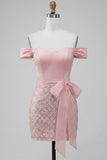 Off the Shoulder Bodycon Sequin Pink Homecoming Dress with Belt
