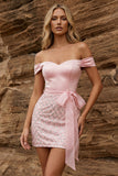 Off the Shoulder Bodycon Sequin Pink Homecoming Dress with Belt