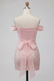Off the Shoulder Bodycon Sequin Pink Homecoming Dress with Belt