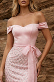 Off the Shoulder Bodycon Sequin Pink Homecoming Dress with Belt