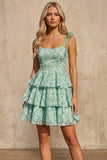Cute Light Green A Line Tiered Floral Homecoming Dress