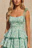 Cute Light Green A Line Tiered Floral Homecoming Dress