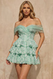 Light Green Floral Off the Shoulder Tiered A Line Homecoming Dress