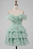 Light Green Floral Off the Shoulder Tiered A Line Homecoming Dress