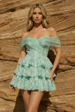Light Green Floral Off the Shoulder Tiered A Line Homecoming Dress