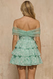 Light Green Floral Off the Shoulder Tiered A Line Homecoming Dress