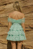 Light Green Floral Off the Shoulder Tiered A Line Homecoming Dress