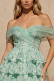 Light Green Floral Off the Shoulder Tiered A Line Homecoming Dress