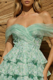 Light Green Floral Off the Shoulder Tiered A Line Homecoming Dress